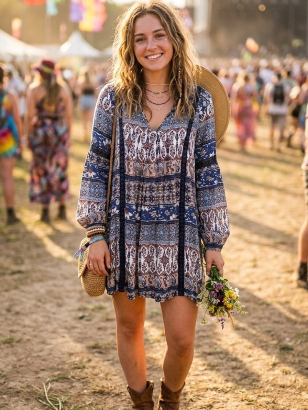 Altar'd State Blue & White Floral Paisley V-neck Boho Mini Dress 3577
